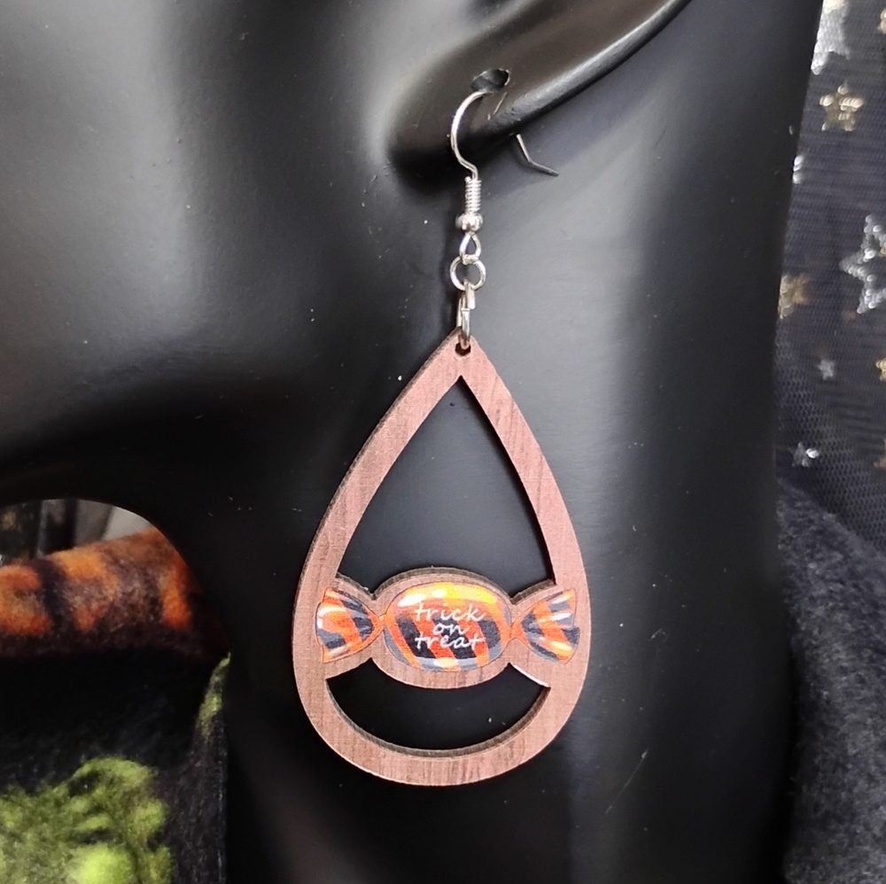 GROOVY GLAM Handmade Halloween Earrings Lazer Cutout Wood Trick or Treat Candy